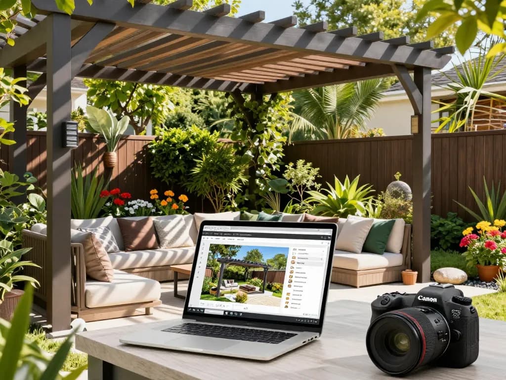 Designer using pergola configurator software in a vibrant outdoor space, showcasing custom pergola designs amidst blooming flowers.
