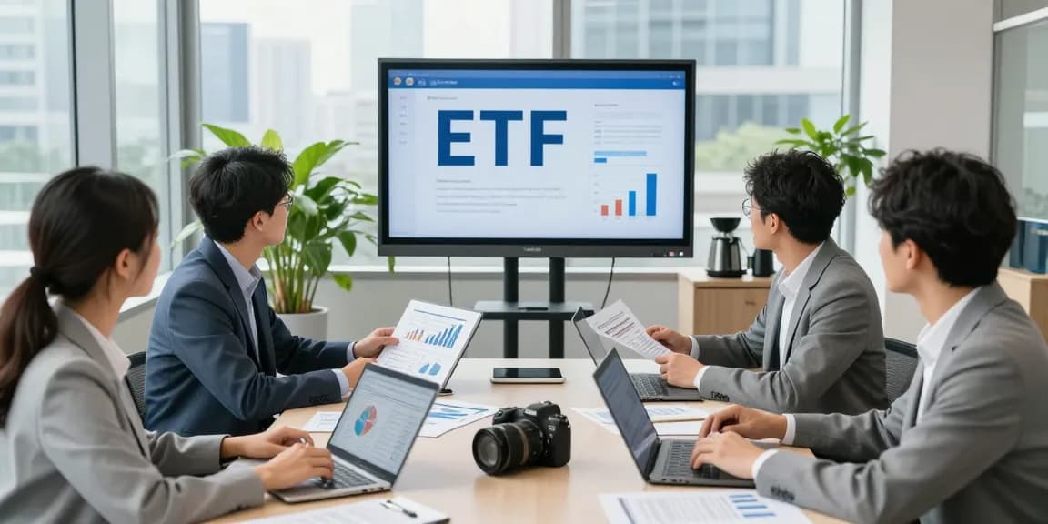 Business team discussing ETF investment strategies in a modern office