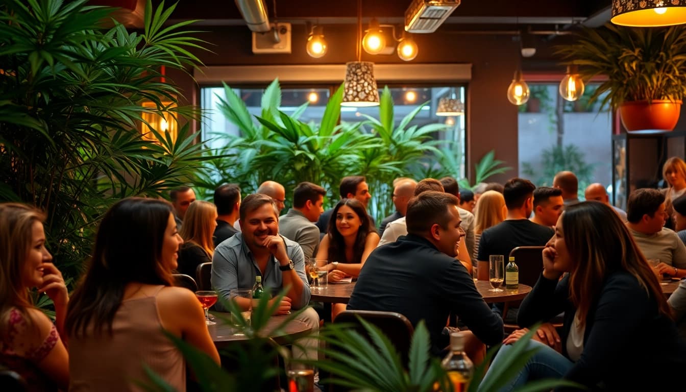Cannabis Club Lloret De Mar mit einer lebhaften Gruppe von Gästen, die die entspannte Atmosphäre genießen.