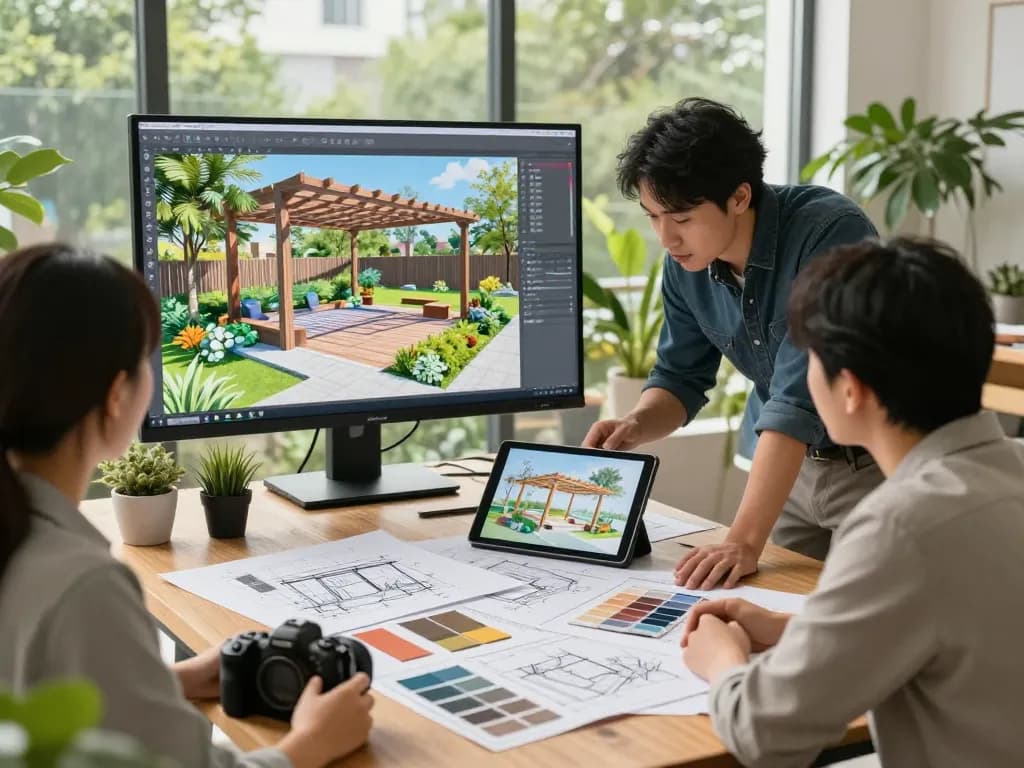 Esperto che utilizza software per pergole per aziende per progettare strutture esterne personalizzate in uno studio luminoso.