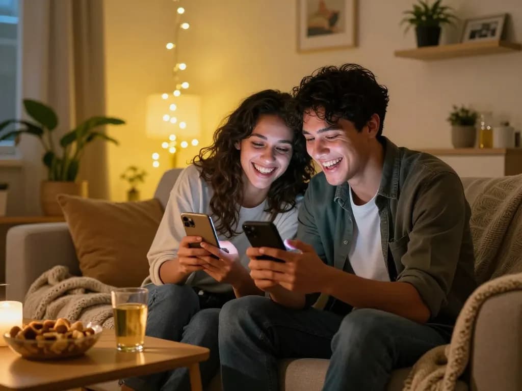 Engaging sexting ai chat between a couple in a cozy living room.