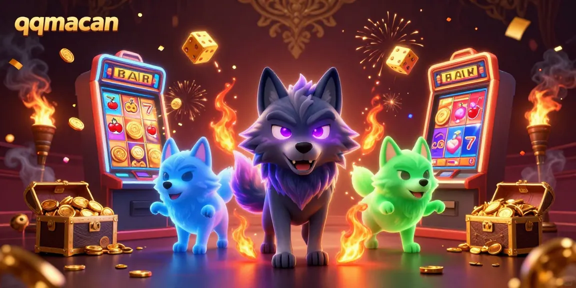 Experience thrilling gameplay with qqmacan's vibrant 3D casino scene featuring dynamic slot machines and captivating wolves.