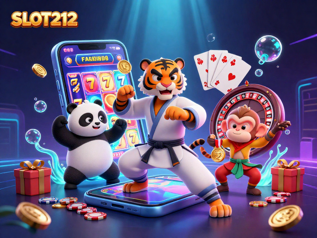 SLOT212 showcases thrilling slot action with a kung fu tiger, panda, and monkey in a lively casino scene.