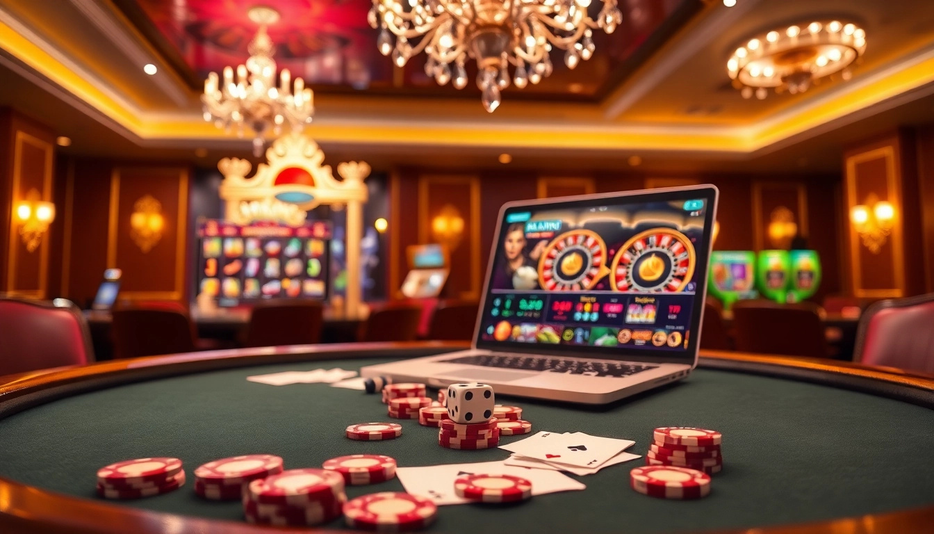 Experience the thrill of luckywin at a luxurious online casino with vibrant gaming elements.