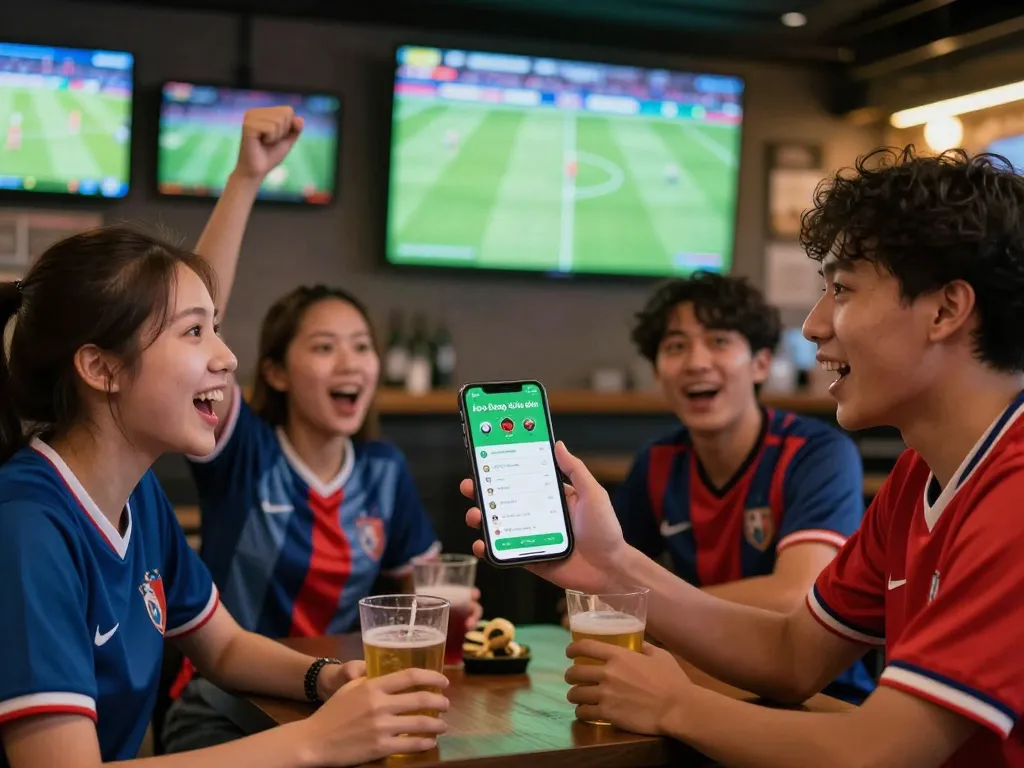 Engaging in kèo bóng đá trực tuyến betting at a lively sports bar, fans cheering while betting.