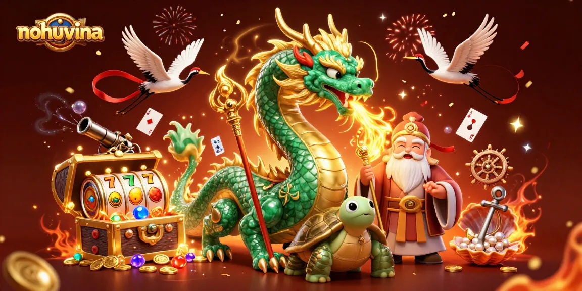 Experience thrilling slots action with nohuvina's vibrant casino illustration featuring a jade dragon and lucky symbols.