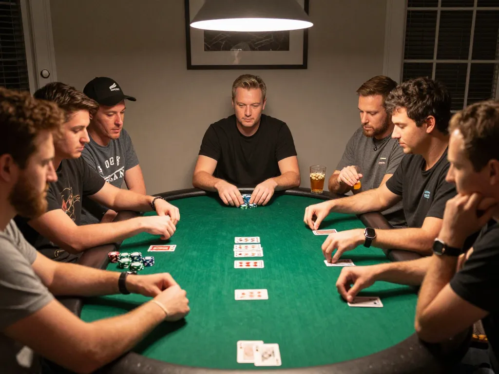 Friends enjoy a game of poker at home with 23Win cards on the table, showcasing strategic gameplay and social fun.