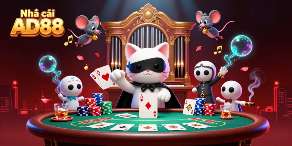 Engage with the captivating world of Nhà cái AD88, featuring a mystical cat and vibrant casino elements.