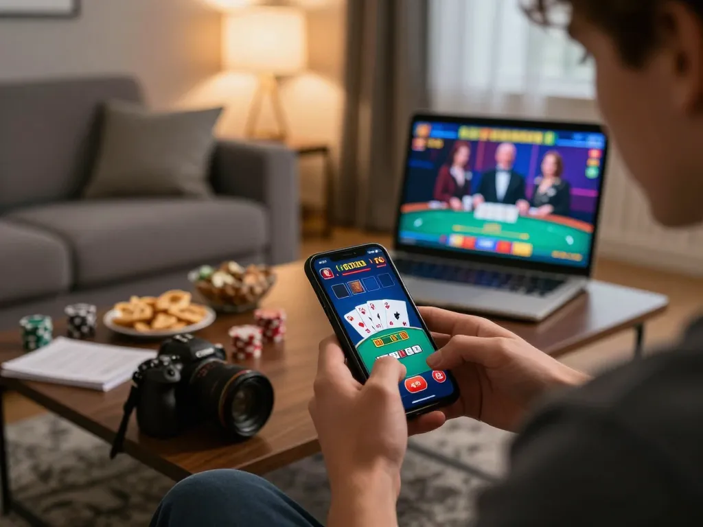 Engaging moment of a player enjoying OnBet mobile poker game at home, showcasing smartphone screen and cozy setup.