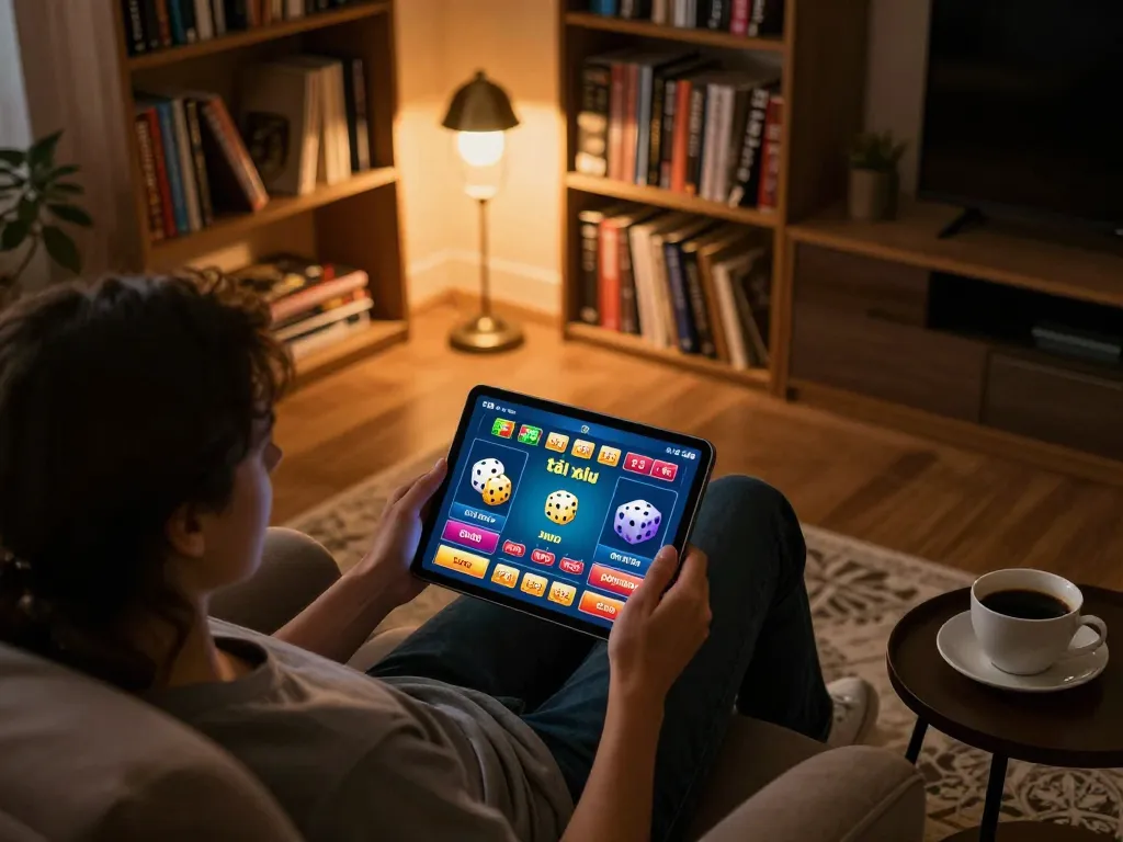 Engaging with the app tài xỉu online on a tablet in a cozy living room, showing betting options and interactive gameplay.