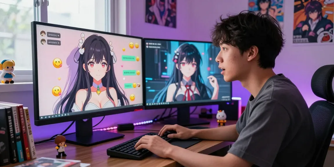 Engaging user interaction with an AI hentai chat, vibrant anime characters on the screen.