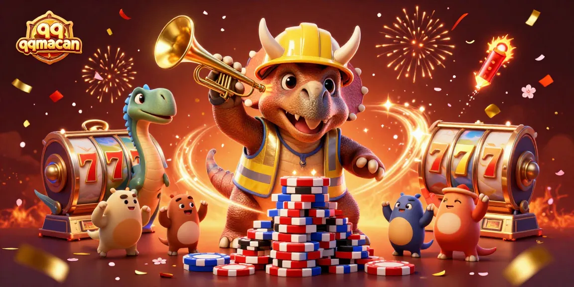 QQMacan merayakan jackpot dengan karakter kartun triceratops dan parasaurolophus di kasino.