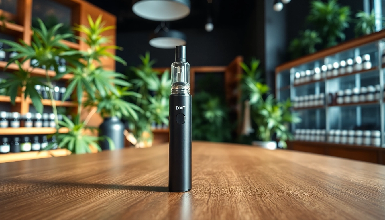 Buy dmt with a premium DMT vape pen in a serene dispensary setting, showcasing quality.
