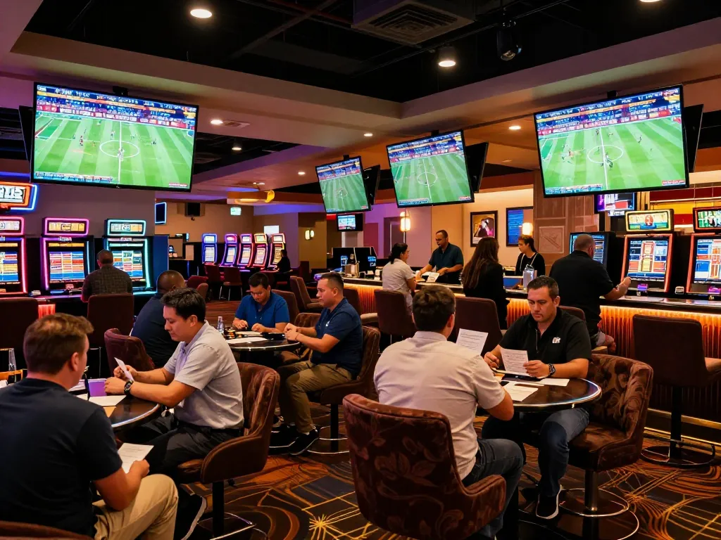 A lively sports betting area showcasing engaged bettors exploring keo nha cai odds while cheering for their teams.