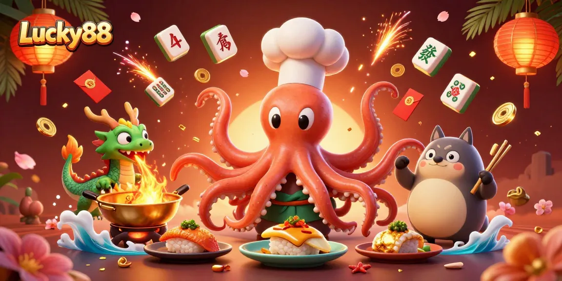 Engage with Lucky88 as cartoon characters thrill around golden dishes and festive decorations.