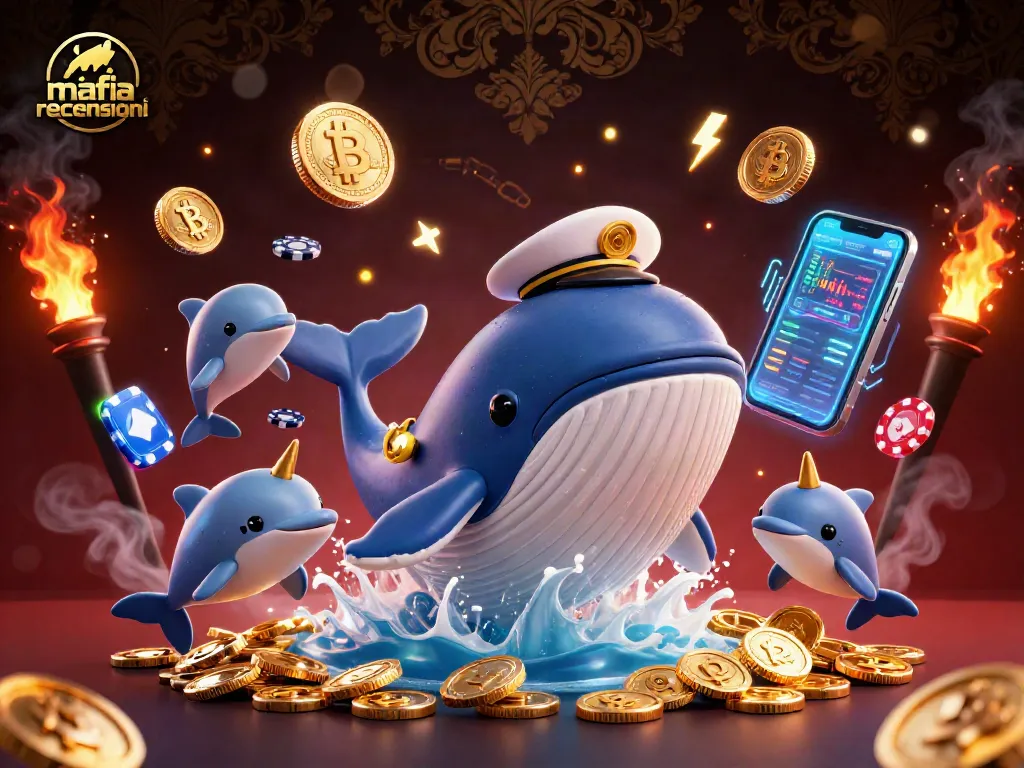 Mafia casino recensioni showcases a 3D whale and dolphins amidst glowing crypto elements in a vibrant casino scene.