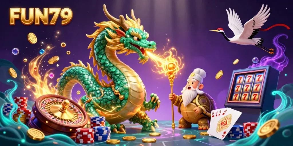Experience the excitement of FUN79 with a dynamic 3D scene showcasing a jade dragon, turtle sage, and lucky cranes amid cascading coins and casino elements.