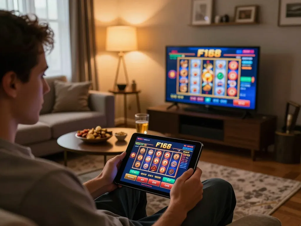 F168 player engaged in online gambling on tablet in cozy home environment