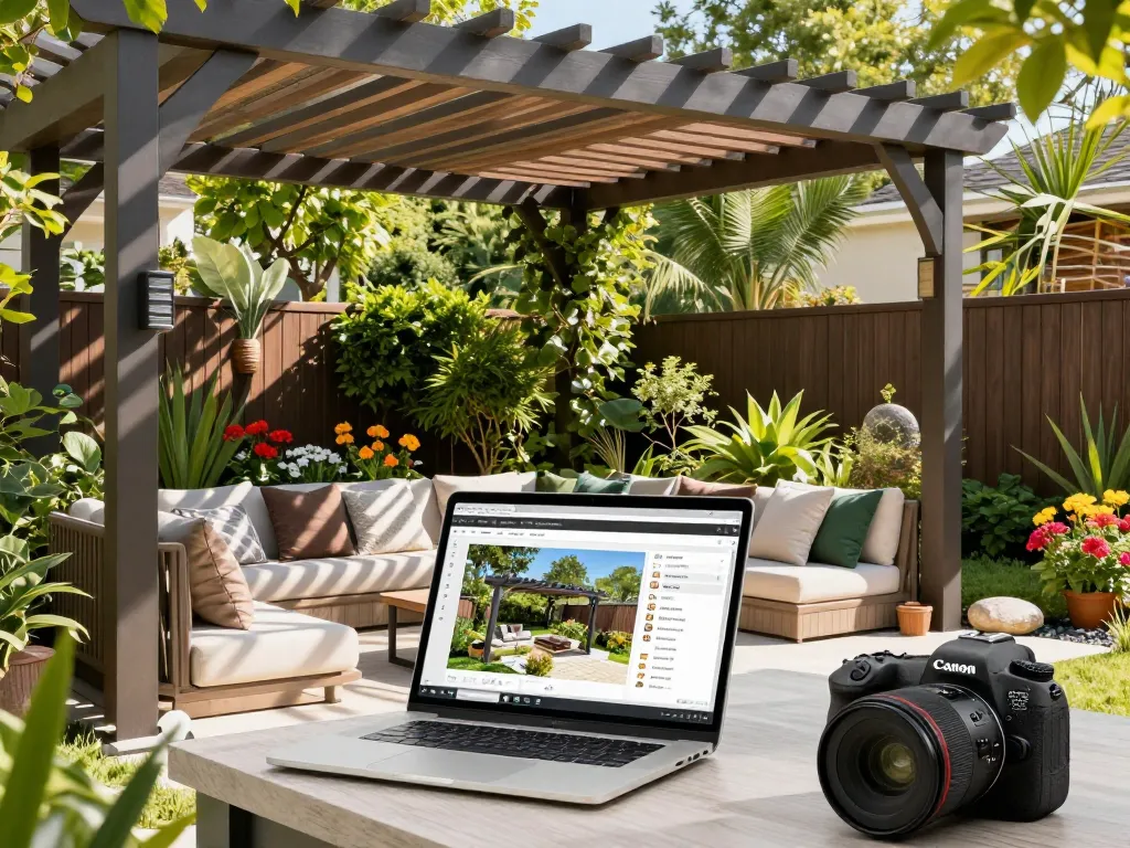 Designer using pergola configurator software in a vibrant outdoor space, showcasing custom pergola designs amidst blooming flowers.