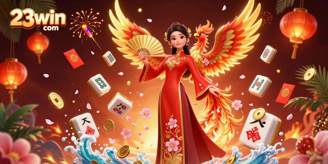 Experience the excitement of 23win com with stunning visuals featuring a vibrant woman and phoenix promoting online gaming.
