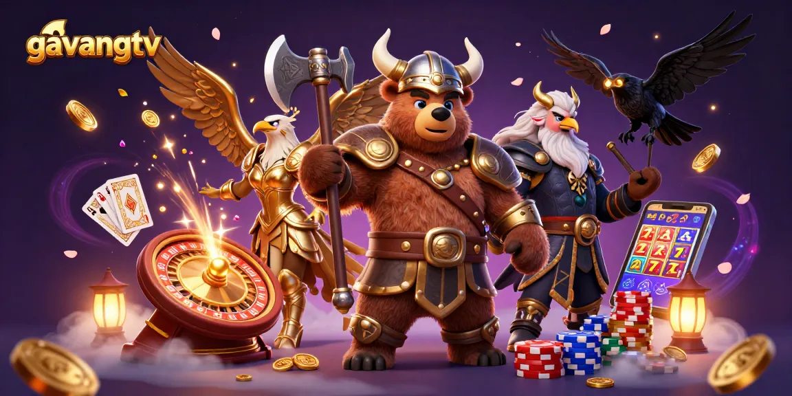 Engage with gavangtv's vibrant casino scene featuring a Viking bear, Valkyrie eagle, and glamorous game elements.