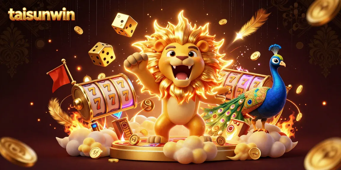 Experience the excitement of taisunwin with a dynamic slot scene featuring a roaring sun lion and golden elements.