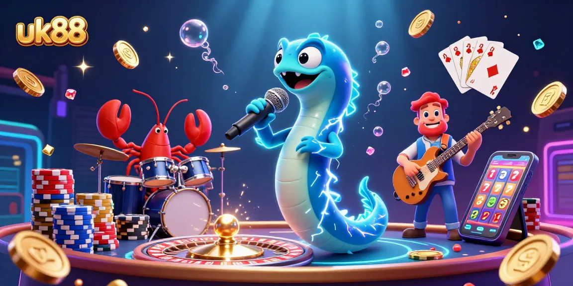 Experience the excitement of uk88 in this vibrant underwater casino scene with a DJ eel and friends.