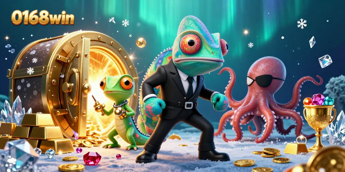 Watch the thrilling scene unfold as 0168win showcases its colorful characters and shimmering treasures in a vibrant casino setting.