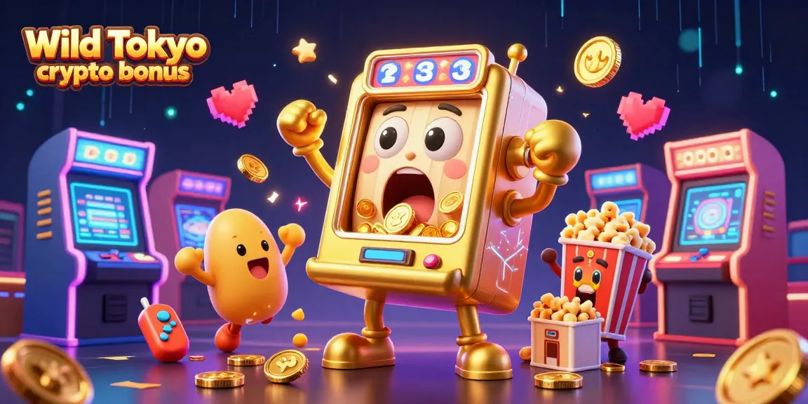Wild Tokyo crypto bonus: slot machine dorata che festeggia la vittoria con monete che escono, circondata da elementi di gioco.