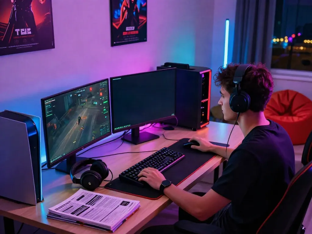 A dedicated gamer experiencing the excitement of rokok88 daftar in a vibrant gaming setup.