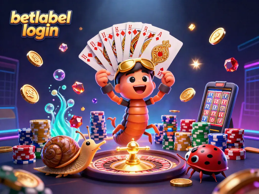 Join the excitement with BetLabel login, featuring cartoon characters and dynamic casino elements.