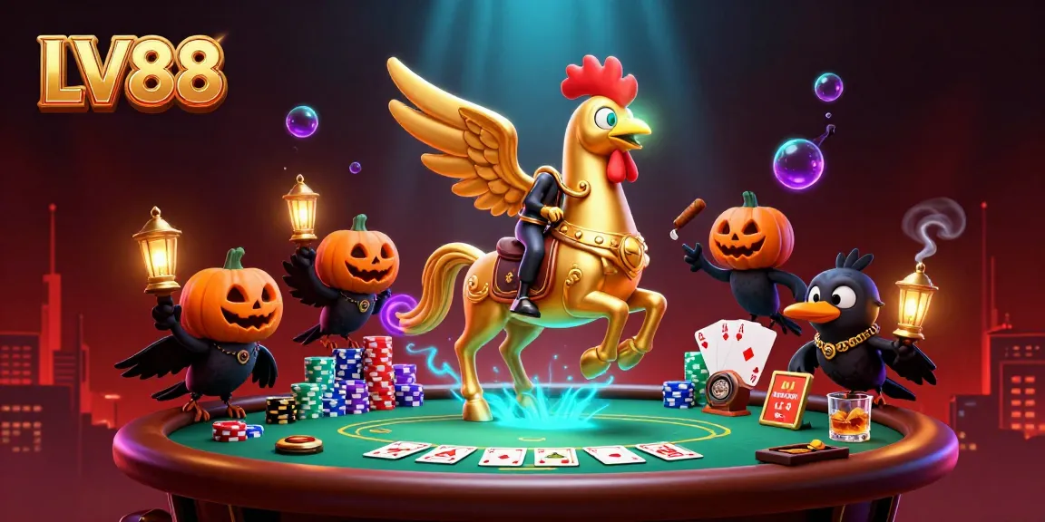 Experience the thrilling world of LV88 with a golden rooster riding through a vibrant casino scene.