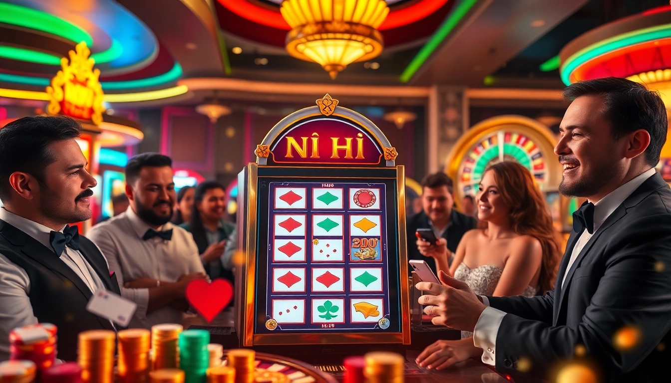 Nổ Hũ slot machine with excited gamblers at a vibrant casino environment.