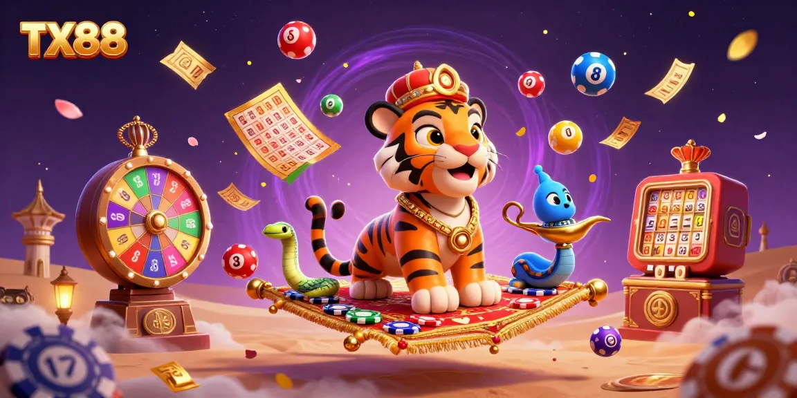 Join the action and excitement at TX88 with a lively casino-themed 3D illustration showcasing gambling elements.