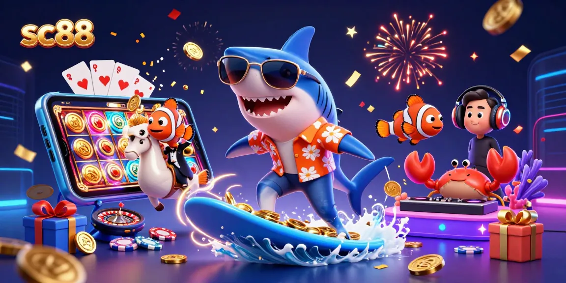 Experience thrilling wins at sc88 with a vibrant casino scene featuring a playful shark and friends.