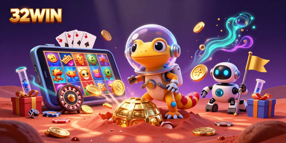 Play at 32WIN with a unique Martian gecko exploring a golden casino scene filled with exciting gambling elements