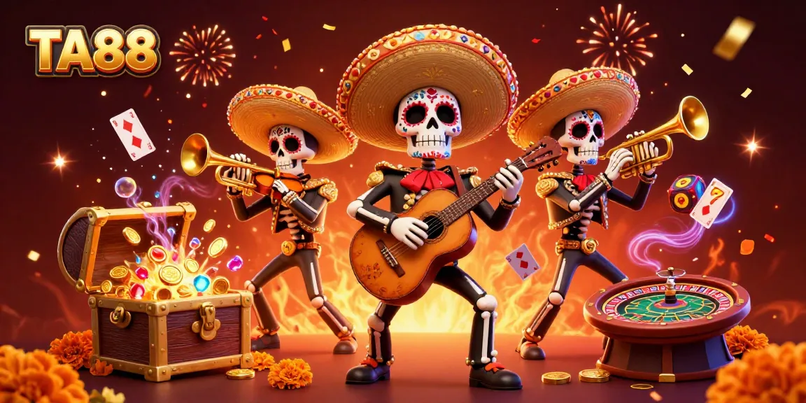 Engage with TA88's vibrant animated casino scene featuring a mariachi band, gaming elements, and festive details.