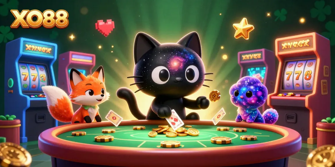 Experience slots action with XO88 in a cosmic casino scene featuring a black hole cat and vibrant elements.