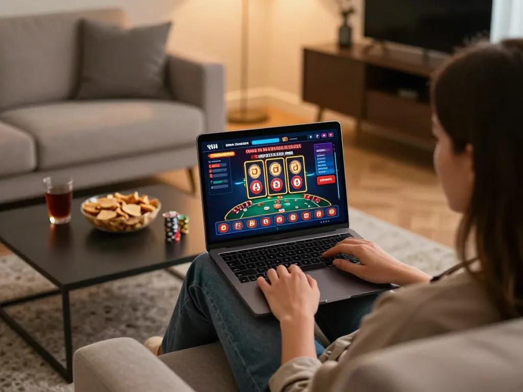 Engaging hk online casino gaming experience with a cozy home setup featuring poker and slots.
