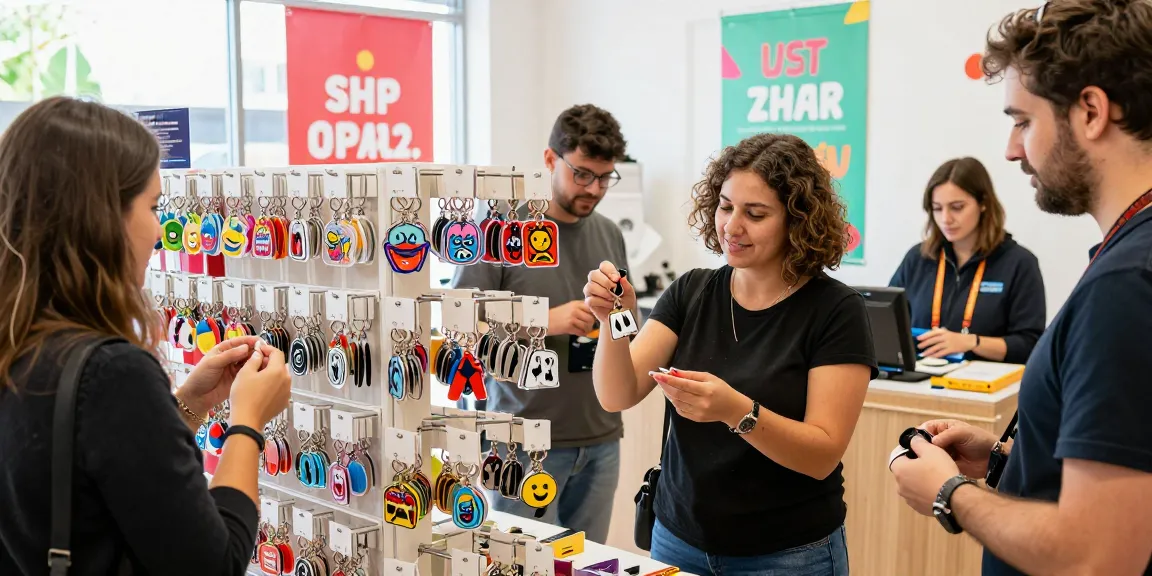Engaged shoppers exploring custom keychains in a colorful retail store setting, showcasing unique designs.