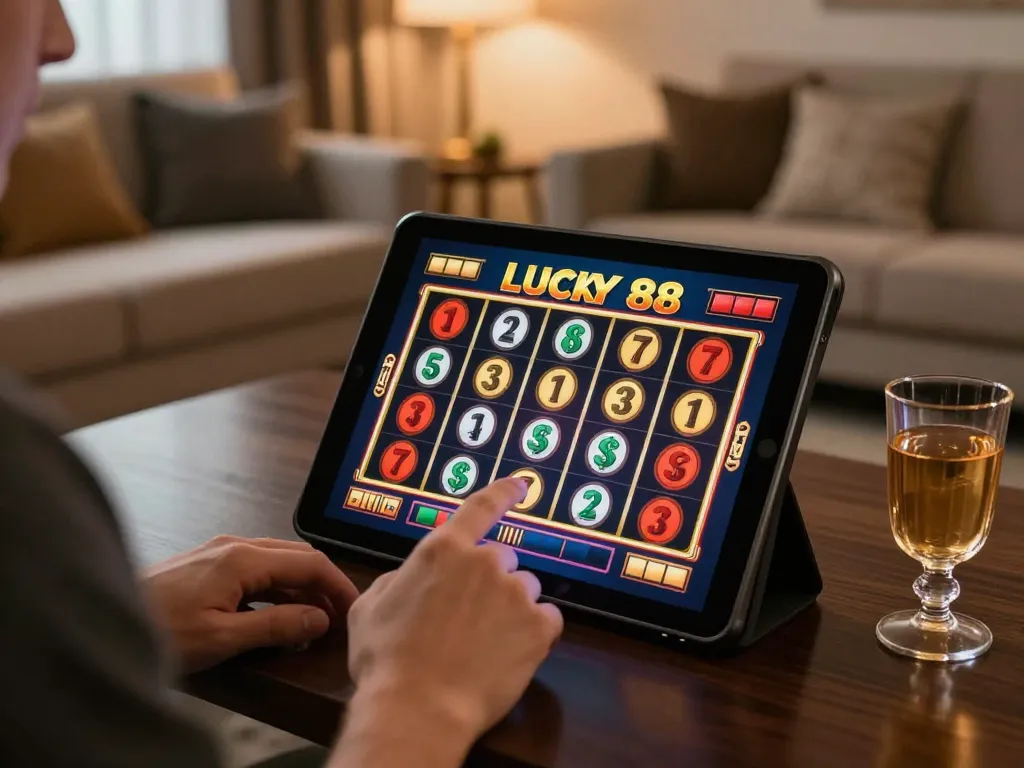 Play Lucky 88 slot game on a tablet in a cozy home setting, showcasing online gaming excitement.