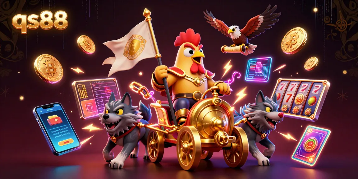 Engage with qs88's vibrant slot game scene featuring a legendary rooster and crypto elements.