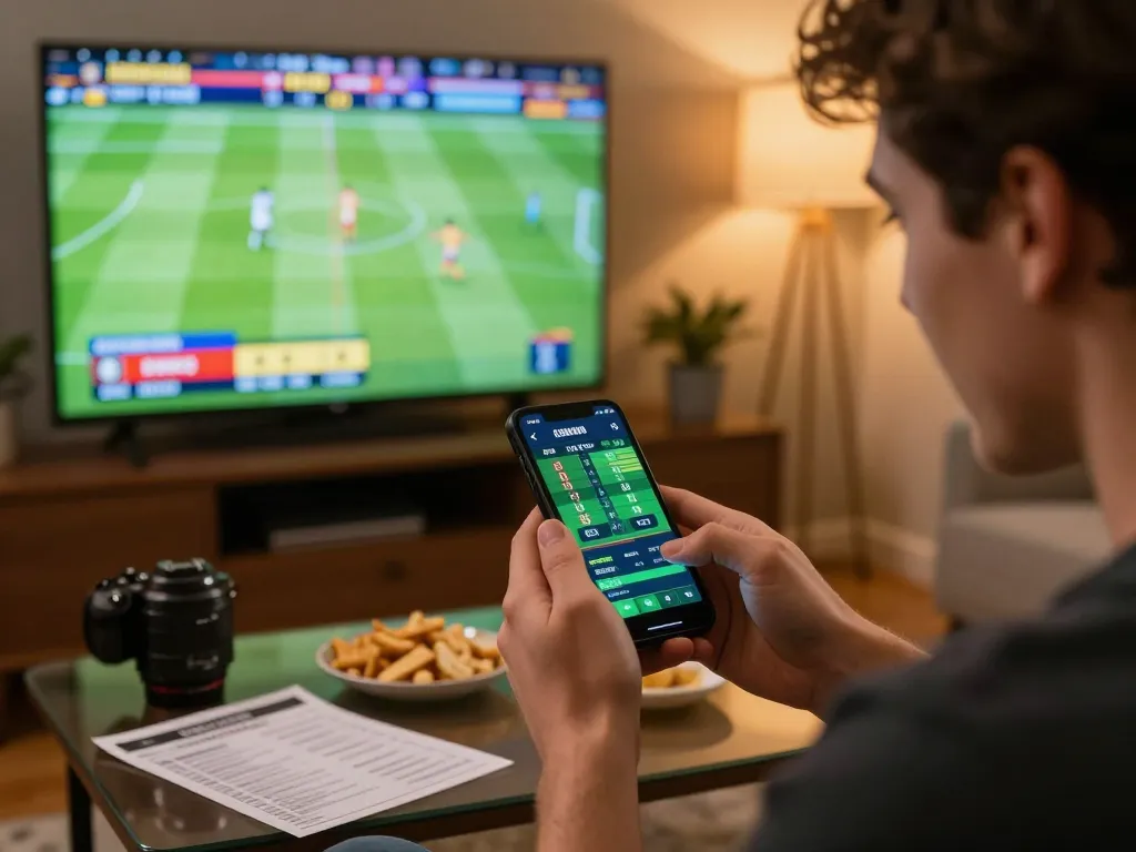 Excited bettor analyzing sports odds and placing bets with debet app in cozy living room setting