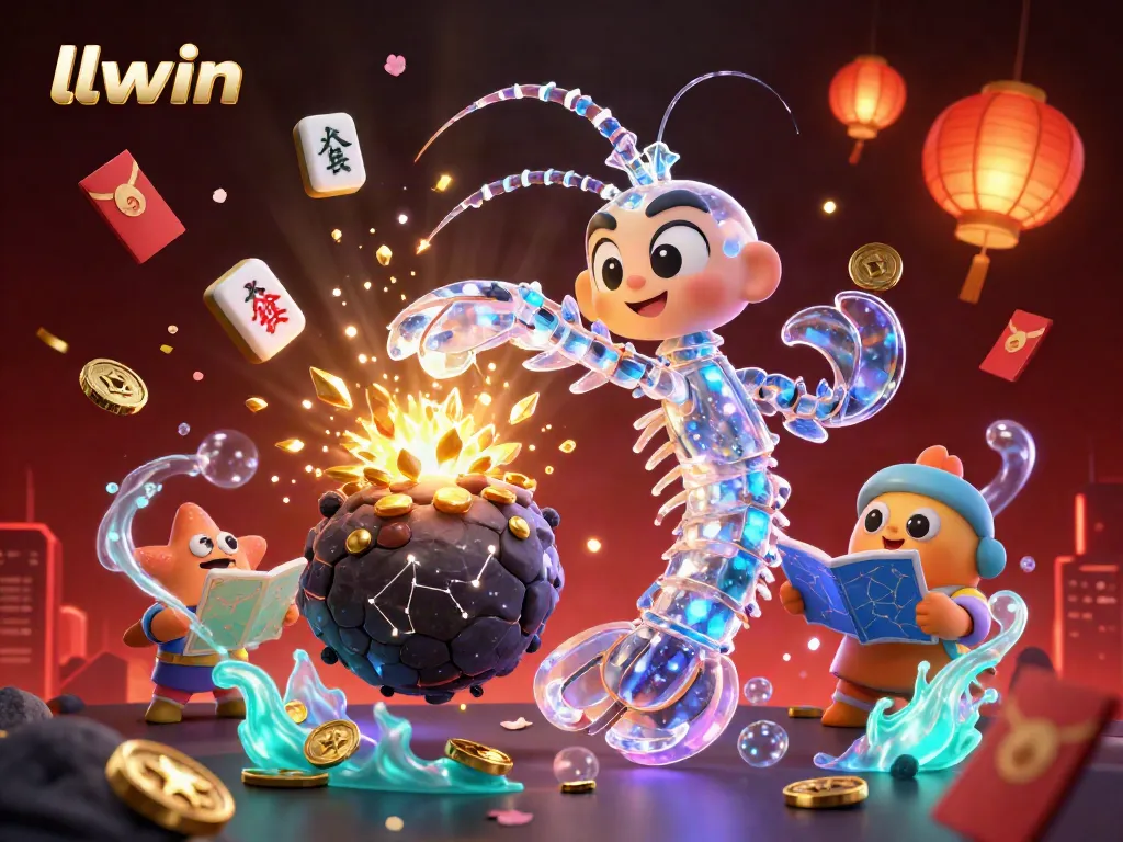 llwin showcases an exciting scene of a galactic samurai mantis shrimp bursting through an asteroid with floating mahjong tiles.