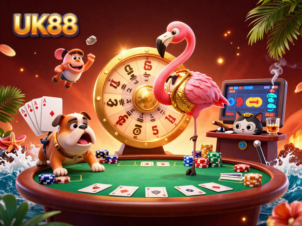 Engage with the excitement of UK88 as the flamingo host spins the prize wheel amidst vibrant casino elements.