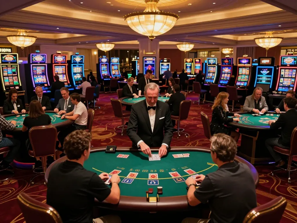 Exciting gameplay at DA88 blackjack tables with dealers and players actively engaged in a vibrant casino atmosphere.