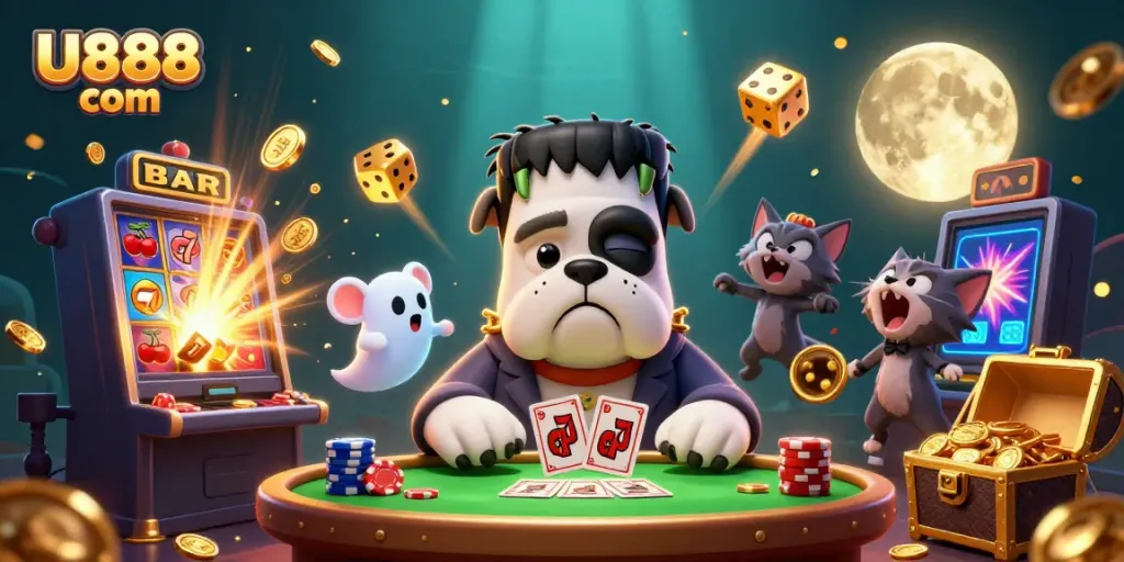 Experience thrilling gameplay at U888 com with a dynamic casino scene featuring unique characters.