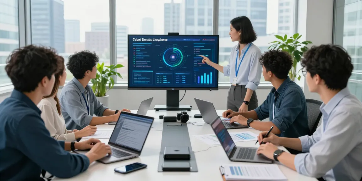 cyber essentials managed service team meeting in modern office with digital compliance metrics
