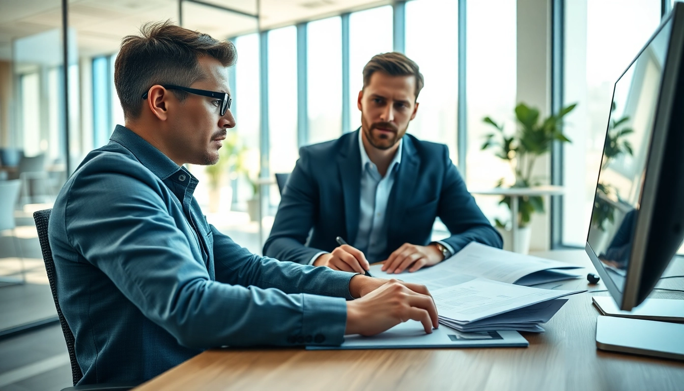 Marketing Consultant discussing strategy in a modern office environment, showcasing professionalism and focus.