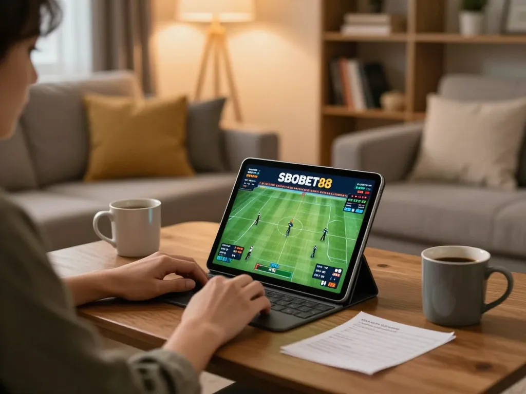 Pengguna SBOBET88 memeriksa odds taruhan di tablet dalam suasana rumah yang nyaman.